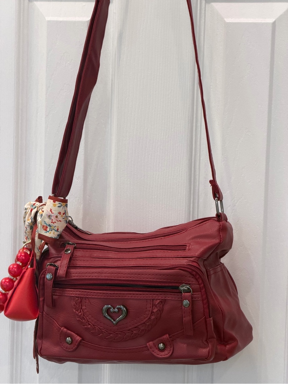 Deep Red Women's Shoulder Bag with bag charm